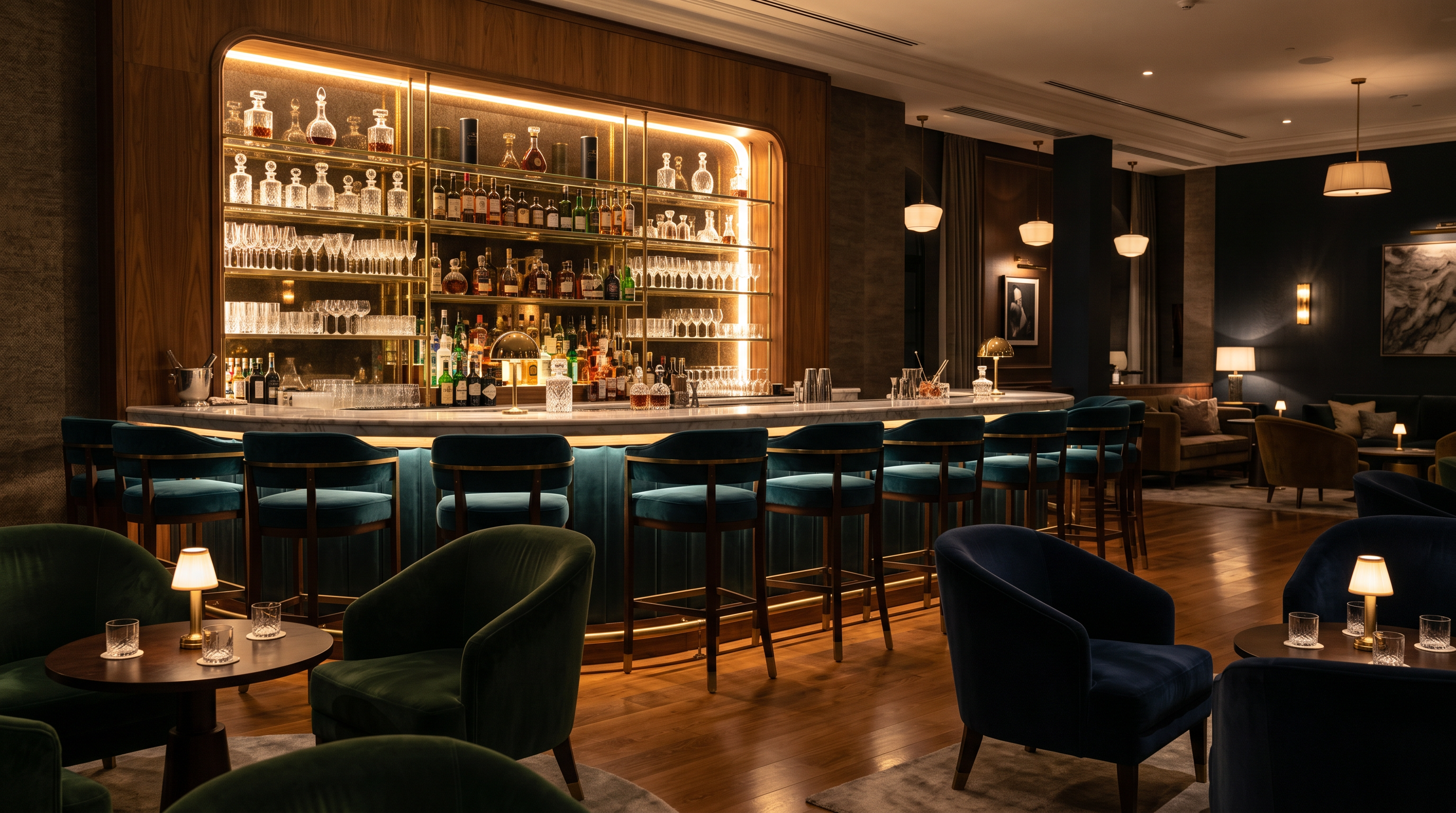 Backlit hotel cocktail bar with velvet stools at BestRankedUK