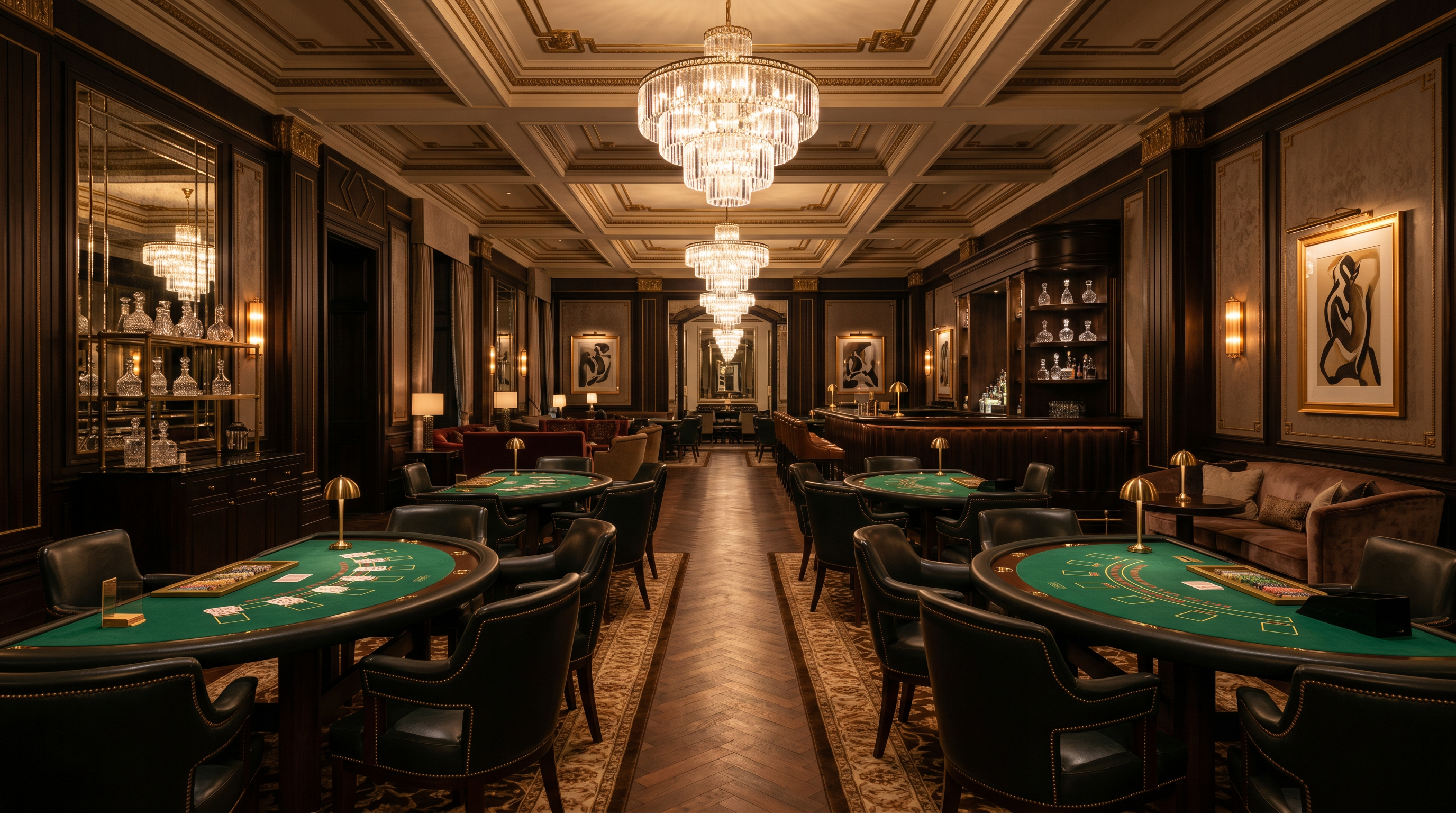 Elegant casino lounge interior at BestRankedUK with card tables and chandeliers