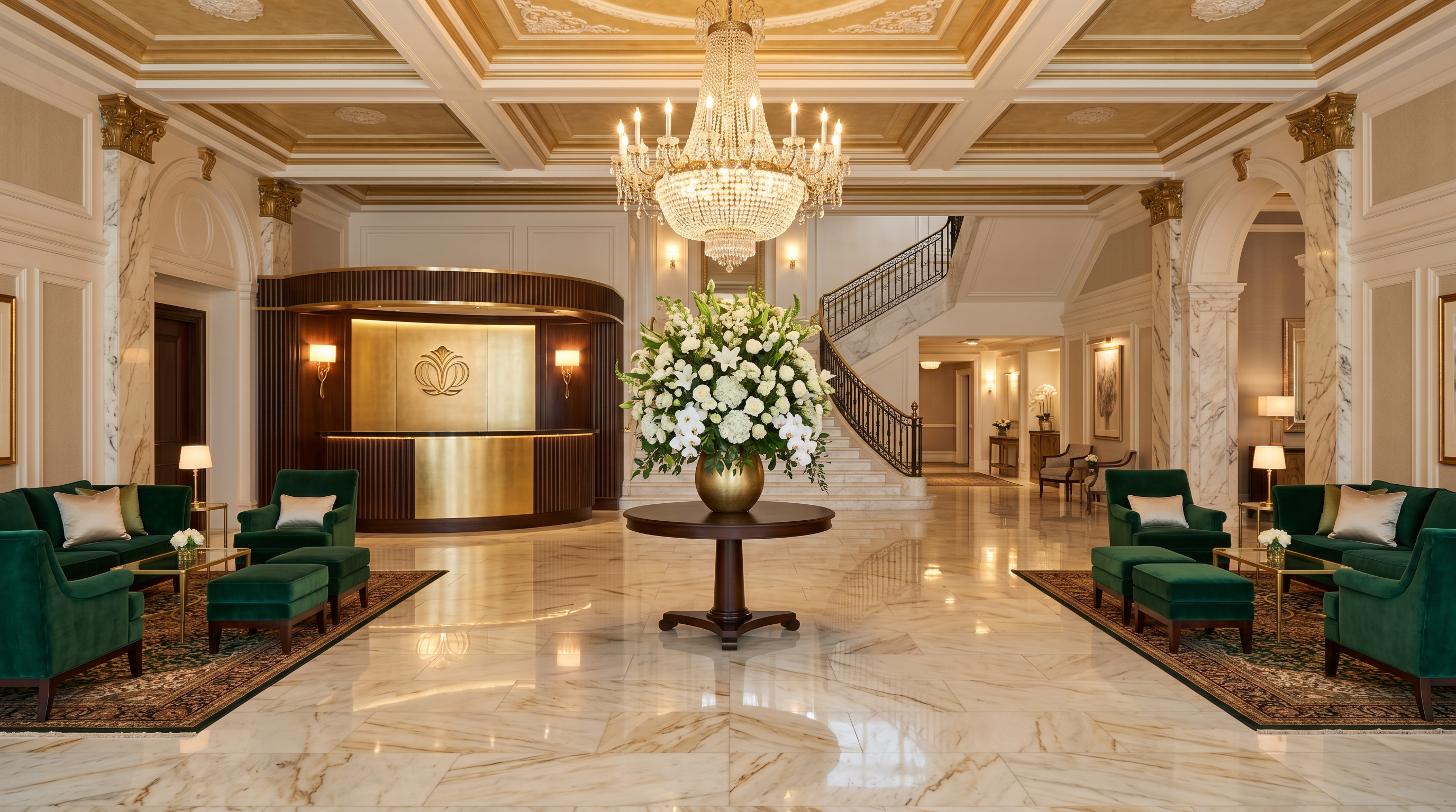 Marble lobby interior of BestRankedUK hotel with gold accents and chandelier